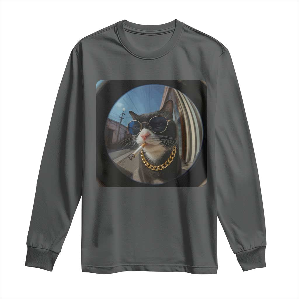 Smoking Cat Long Sleeve Shirt Meme Funny Cool Kitten TS12 Dark Heather Print Your Wear