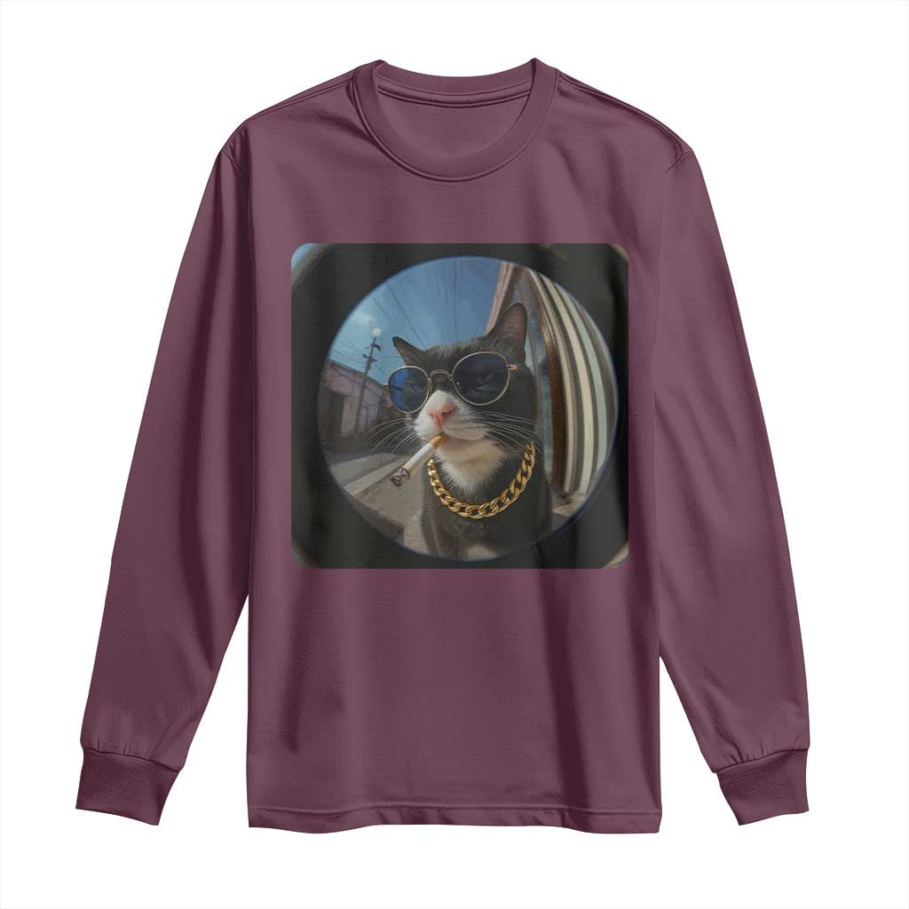 Smoking Cat Long Sleeve Shirt Meme Funny Cool Kitten TS12 Maroon Print Your Wear