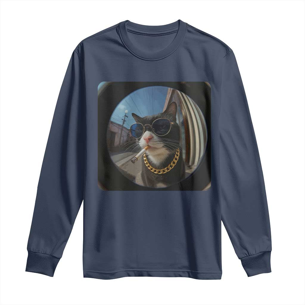 Smoking Cat Long Sleeve Shirt Meme Funny Cool Kitten TS12 Navy Print Your Wear