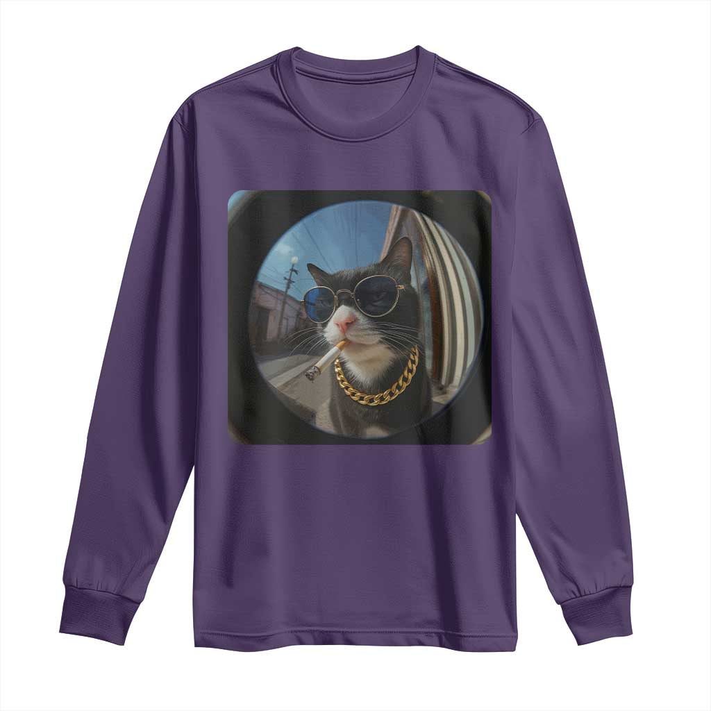 Smoking Cat Long Sleeve Shirt Meme Funny Cool Kitten TS12 Purple Print Your Wear