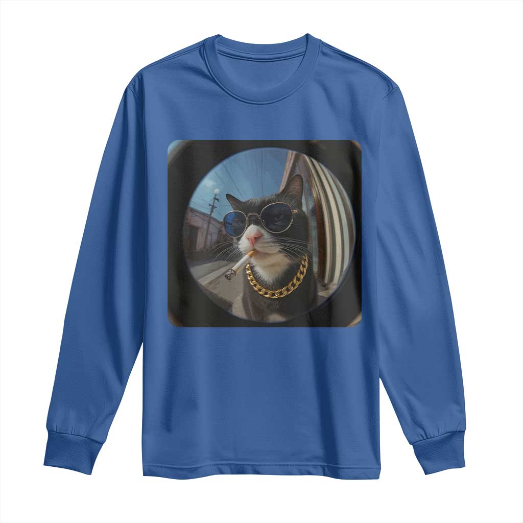 Smoking Cat Long Sleeve Shirt Meme Funny Cool Kitten TS12 Royal Blue Print Your Wear