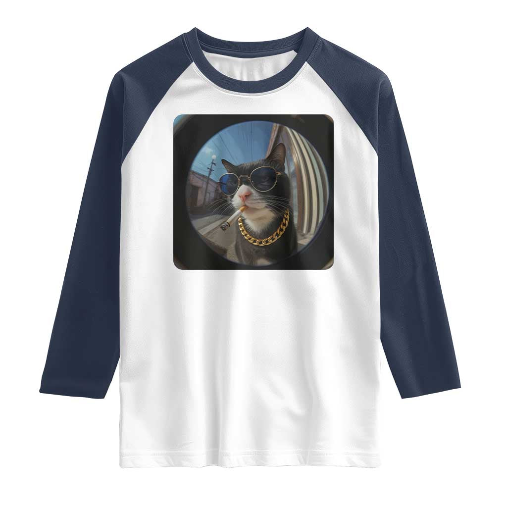 Smoking Cat Raglan Shirt Meme Funny Cool Kitten TS12 White Navy Print Your Wear
