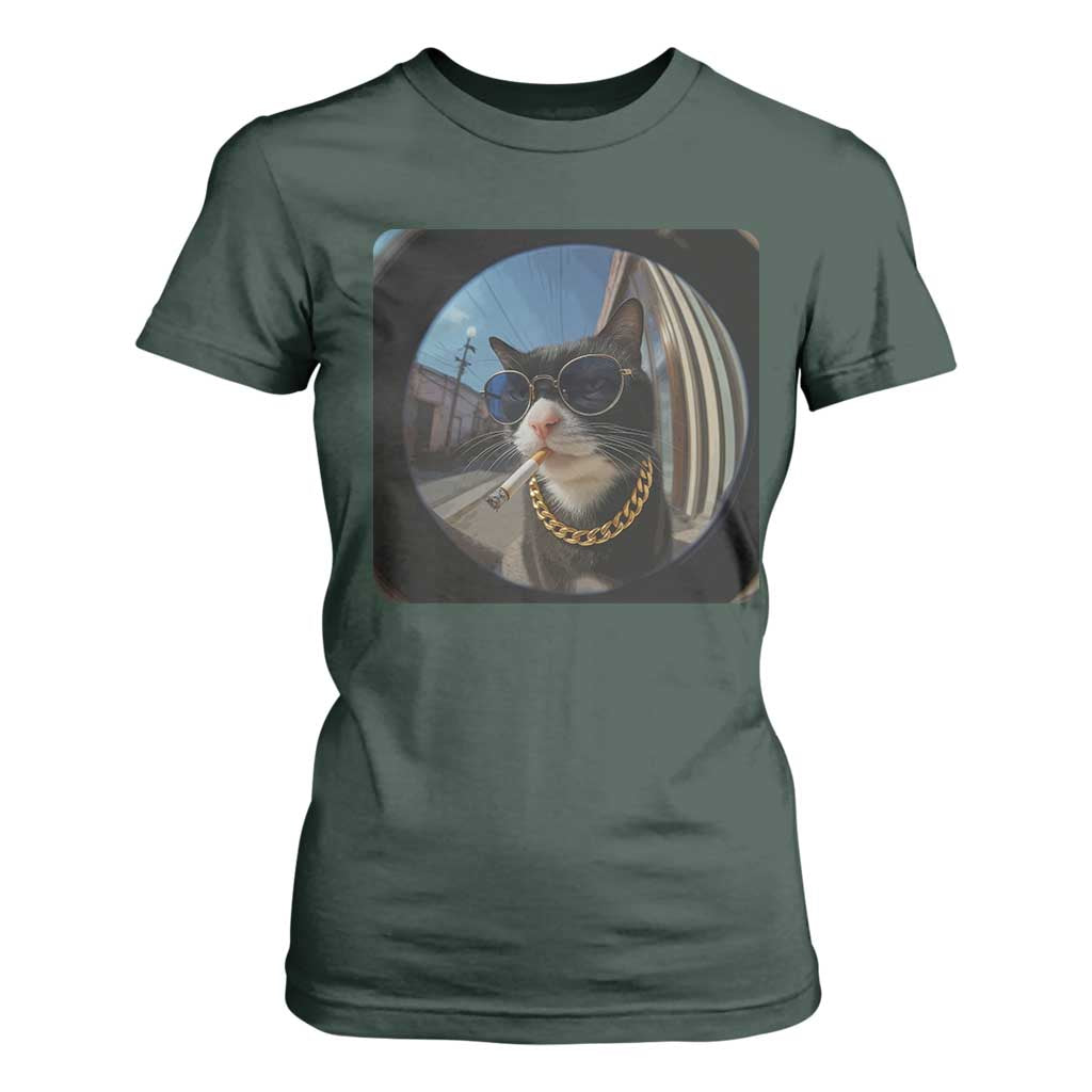 Smoking Cat T Shirt For Women Meme Funny Cool Kitten TS12 Dark Forest Green Print Your Wear