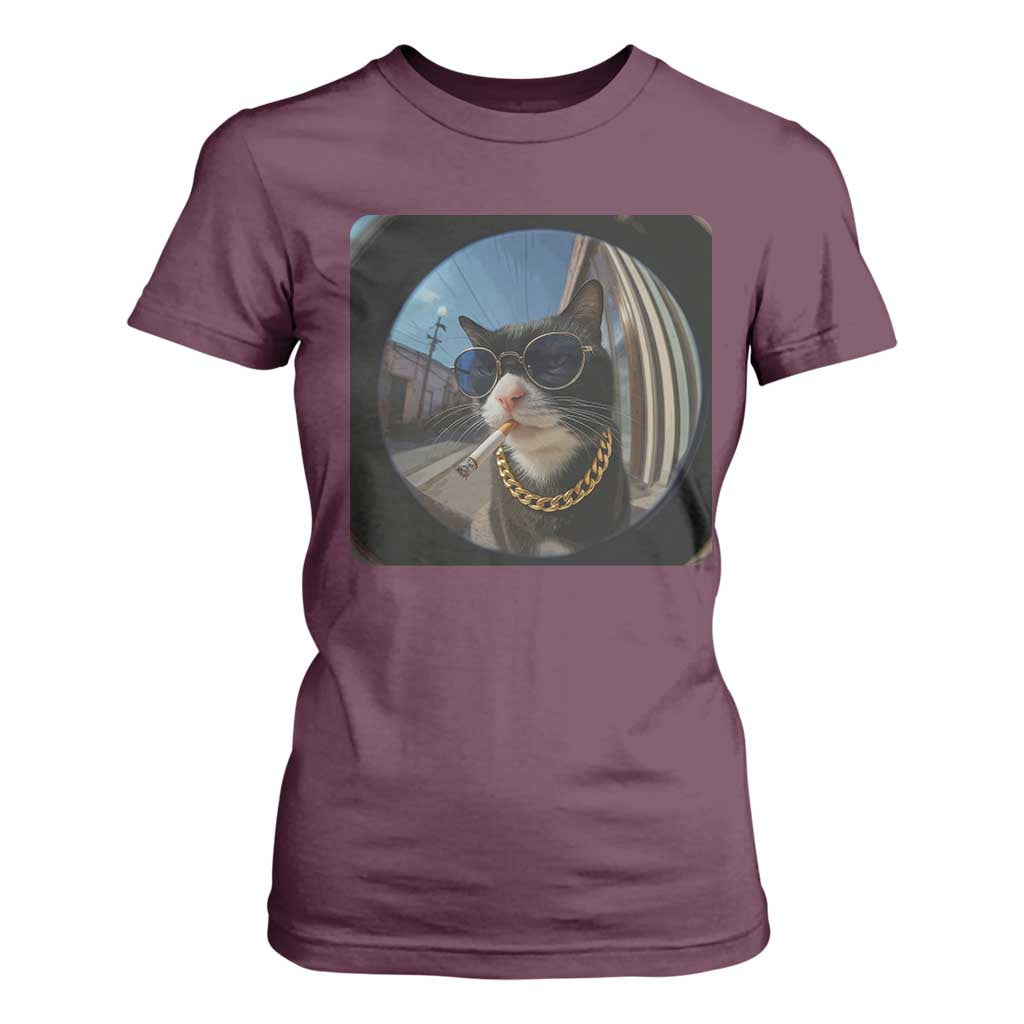 Smoking Cat T Shirt For Women Meme Funny Cool Kitten TS12 Maroon Print Your Wear