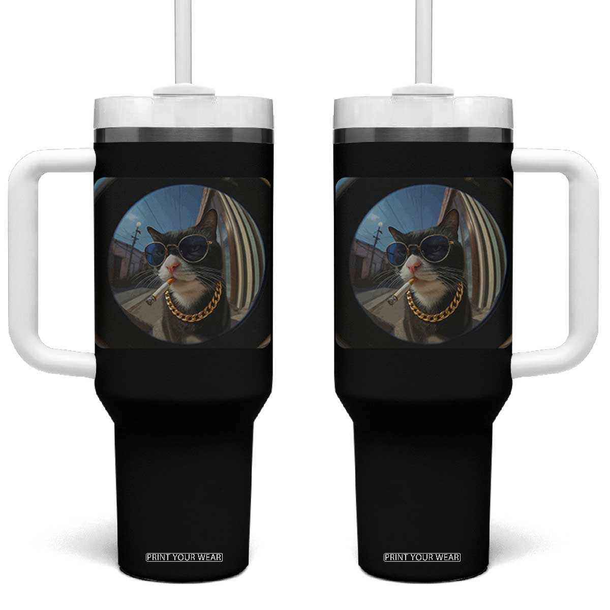 Smoking Cat Tumbler With Handle Meme Funny Cool Kitten TS12 One Size: 40 oz Black Print Your Wear
