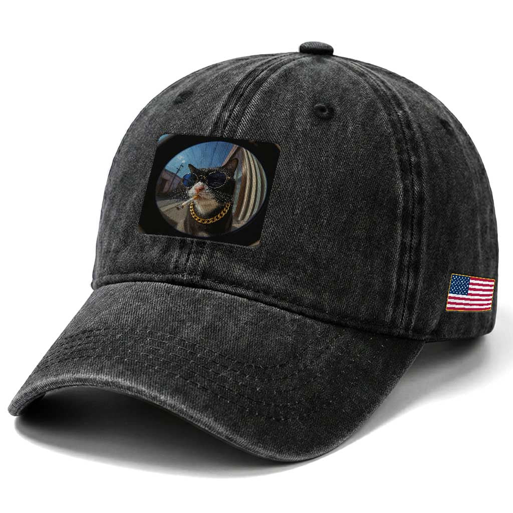 Smoking Cat Washed Cotton Baseball Cap Meme Funny Cool Kitten TS12 Print Your Wear