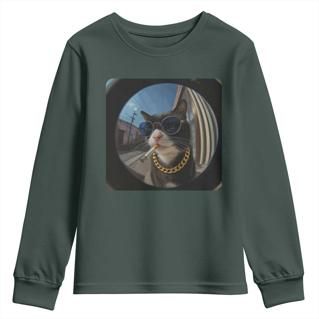 Smoking Cat Youth Sweatshirt Meme Funny Cool Kitten TS12 Dark Forest Green Print Your Wear