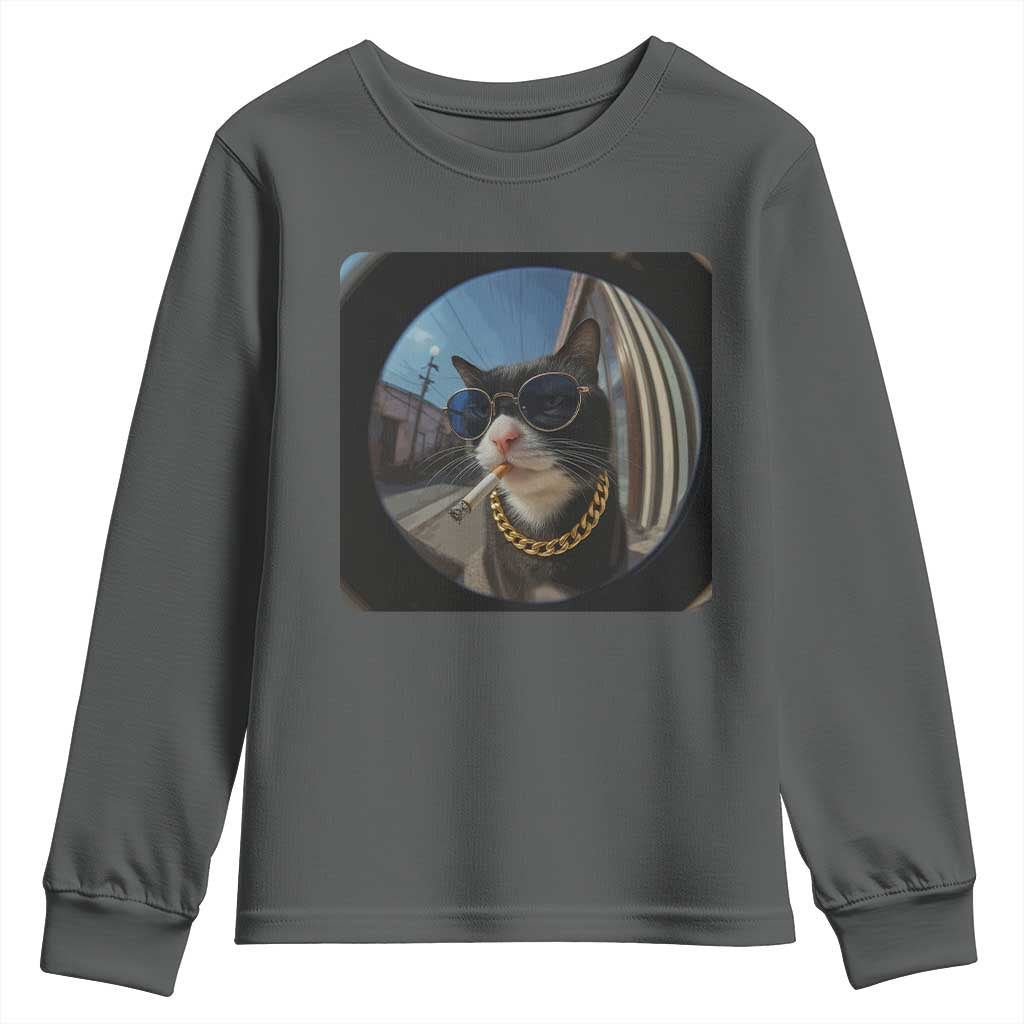 Smoking Cat Youth Sweatshirt Meme Funny Cool Kitten TS12 Dark Heather Print Your Wear