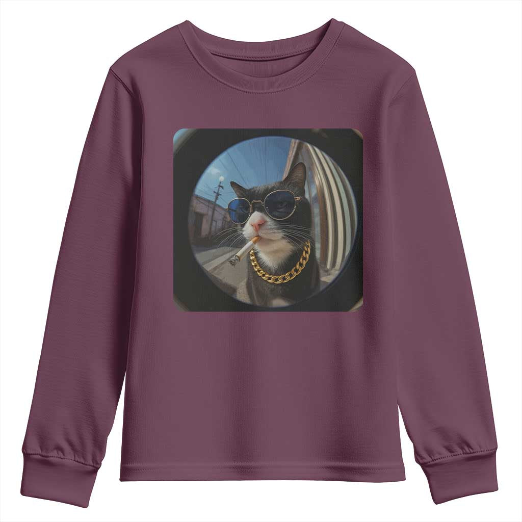 Smoking Cat Youth Sweatshirt Meme Funny Cool Kitten TS12 Maroon Print Your Wear