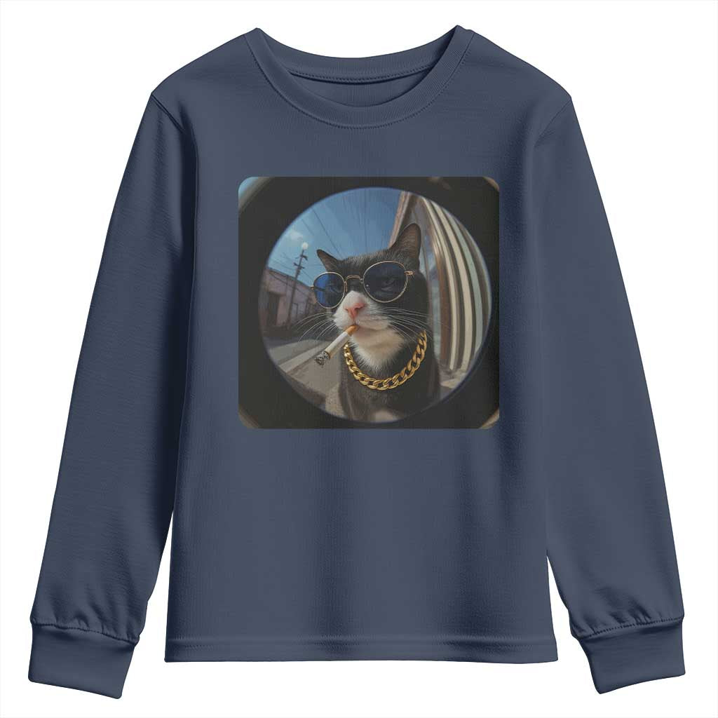 Smoking Cat Youth Sweatshirt Meme Funny Cool Kitten TS12 Navy Print Your Wear