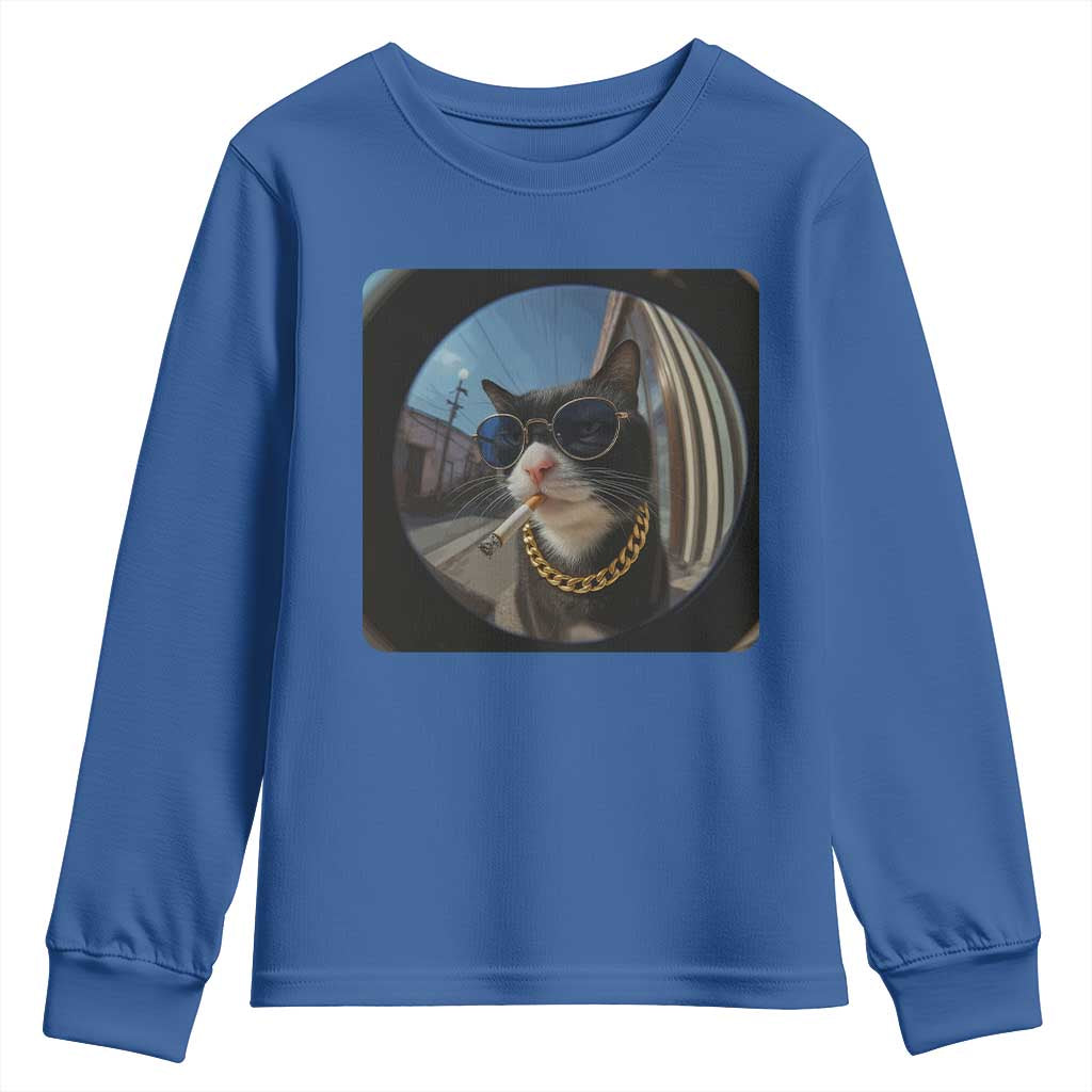 Smoking Cat Youth Sweatshirt Meme Funny Cool Kitten TS12 Royal Blue Print Your Wear
