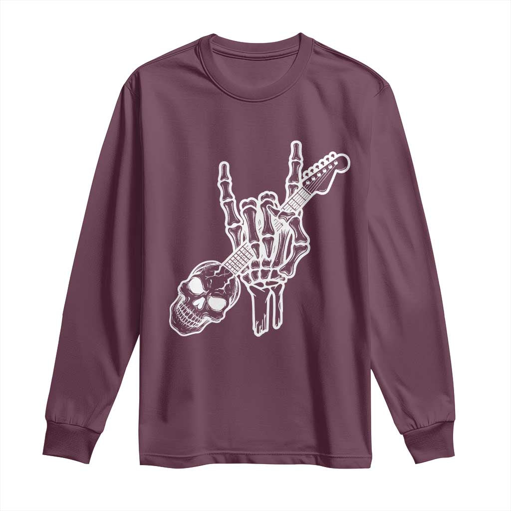 Rock N Roll Long Sleeve Shirt Skeleton Hand Playing Guitar Heavy Metal Music TS12 Maroon Print Your Wear