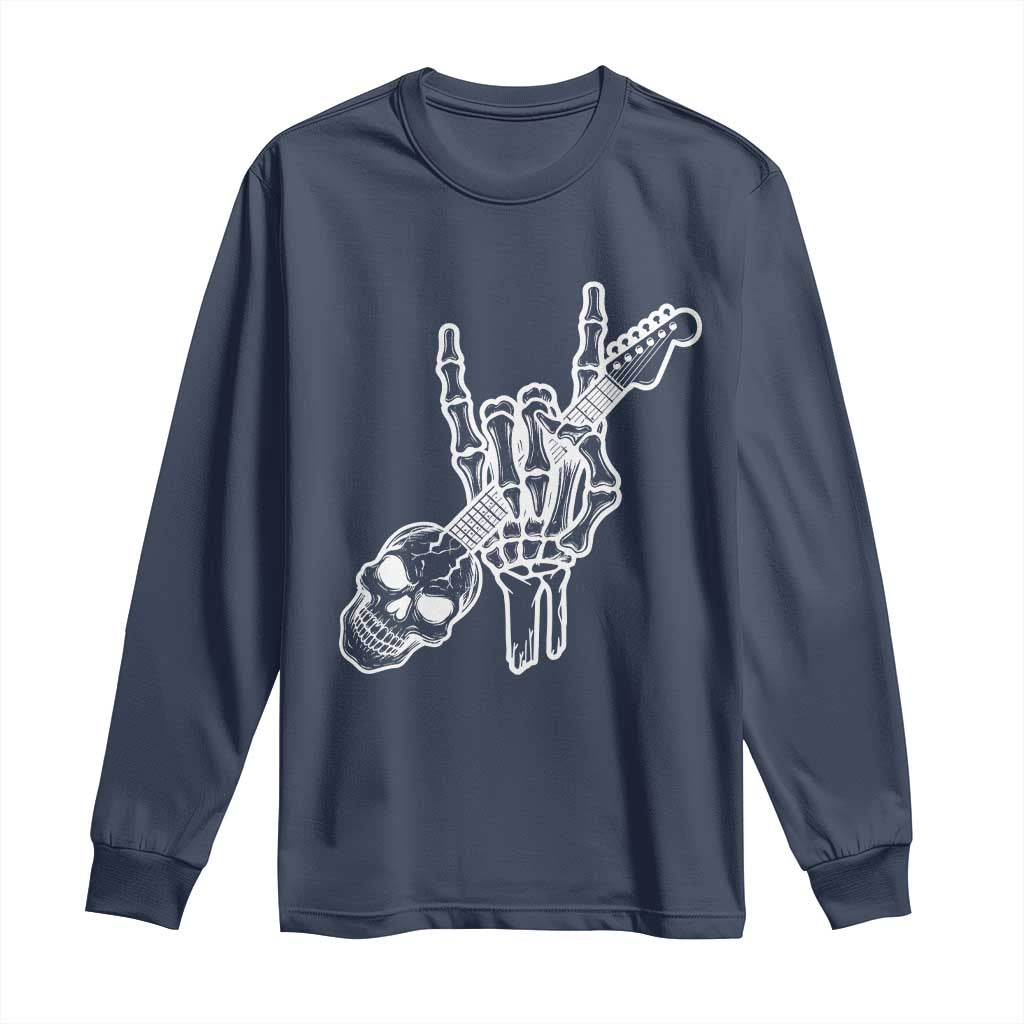 Rock N Roll Long Sleeve Shirt Skeleton Hand Playing Guitar Heavy Metal Music TS12 Navy Print Your Wear