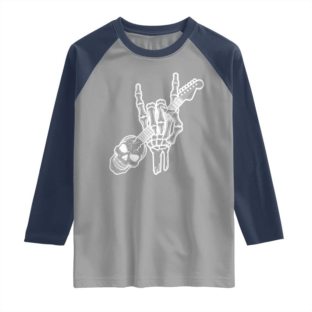Rock N Roll Raglan Shirt Skeleton Hand Playing Guitar Heavy Metal Music TS12 Sport Gray Navy Print Your Wear