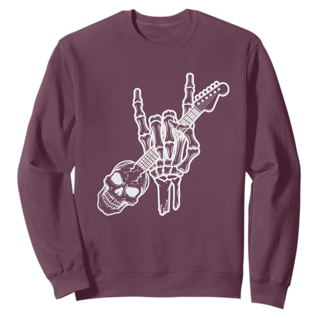 Rock N Roll Sweatshirt Skeleton Hand Playing Guitar Heavy Metal Music TS12 Maroon Print Your Wear