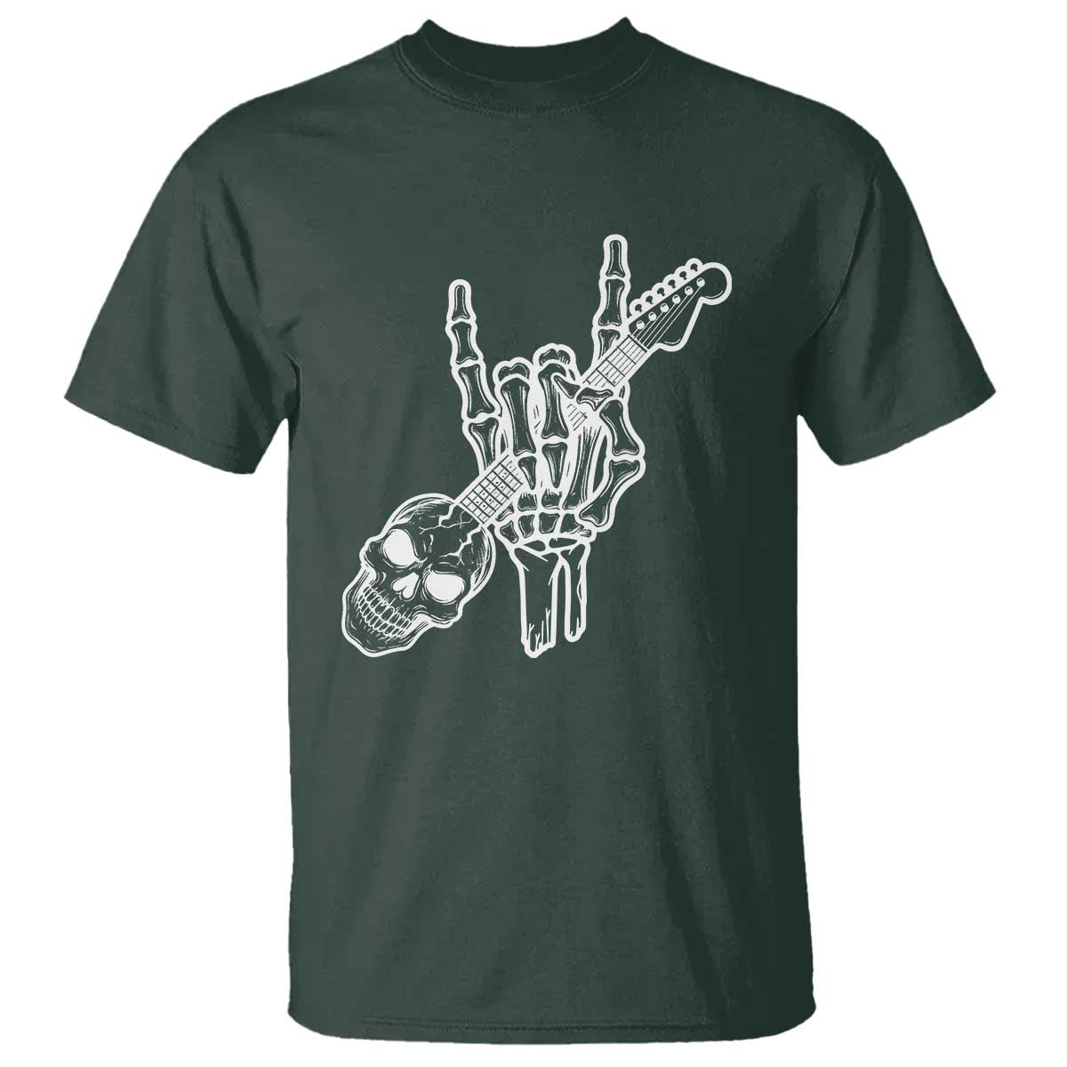Rock N Roll T Shirt Skeleton Hand Playing Guitar Heavy Metal Music TS12 Dark Forest Green Print Your Wear