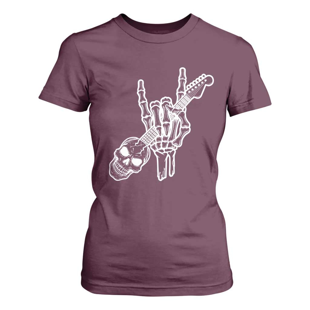 Rock N Roll T Shirt For Women Skeleton Hand Playing Guitar Heavy Metal Music TS12 Maroon Print Your Wear
