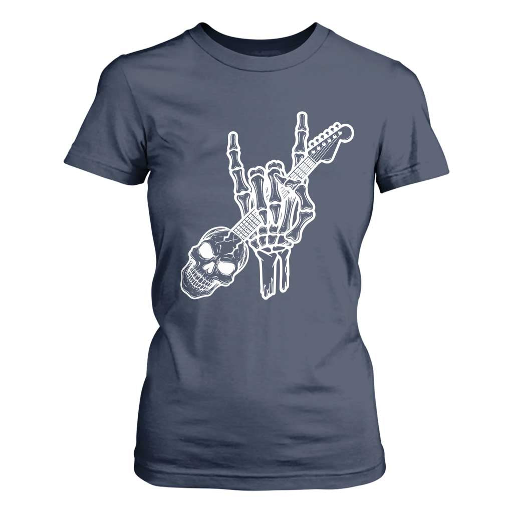 Rock N Roll T Shirt For Women Skeleton Hand Playing Guitar Heavy Metal Music TS12 Navy Print Your Wear