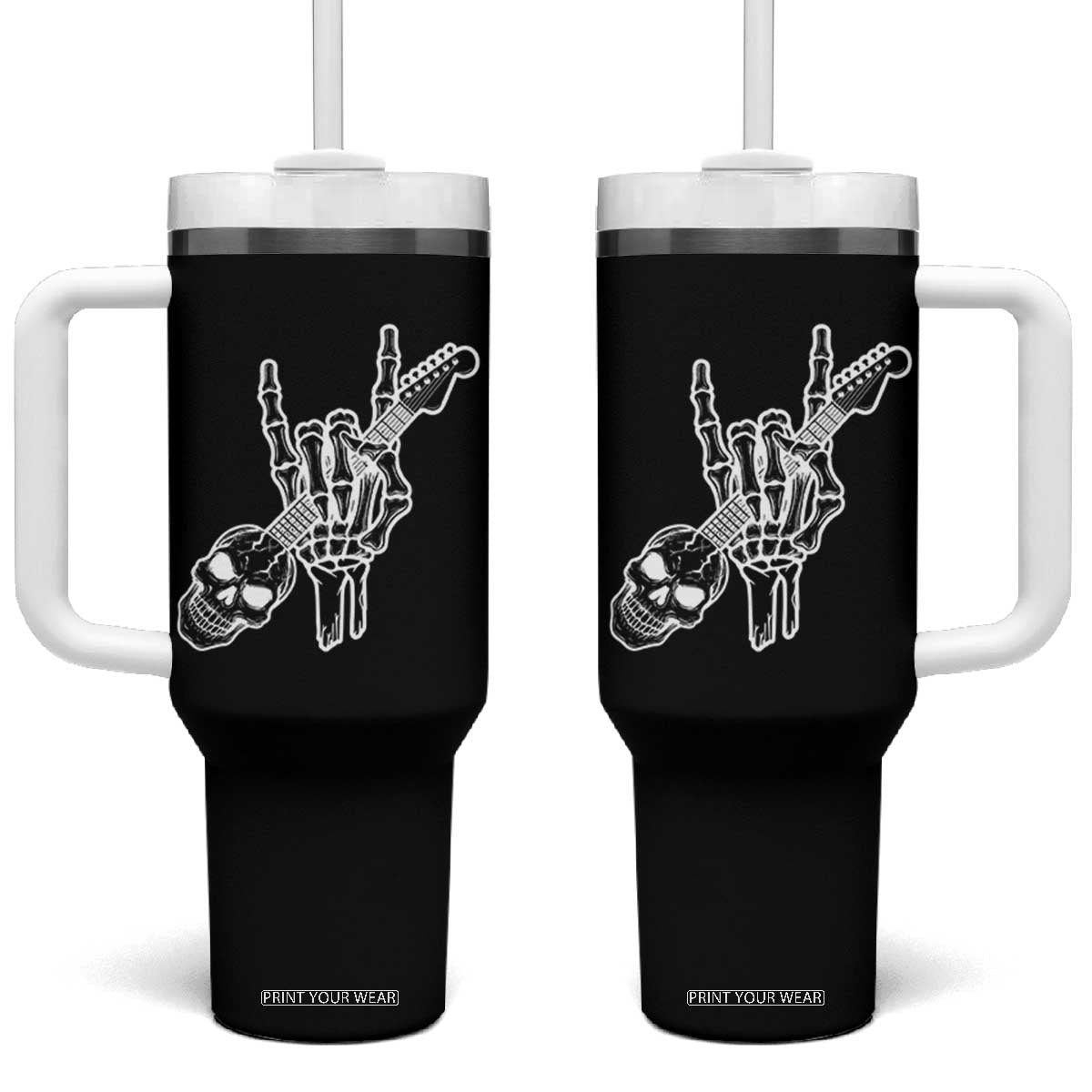 Rock N Roll Tumbler With Handle Skeleton Hand Playing Guitar Heavy Metal Music TS12 One Size: 40 oz Black Print Your Wear