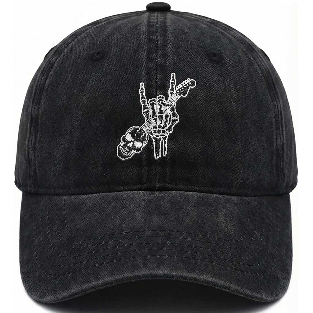 Rock N Roll Washed Cotton Baseball Cap Skeleton Hand Playing Guitar Heavy Metal Music TS12 Print Your Wear
