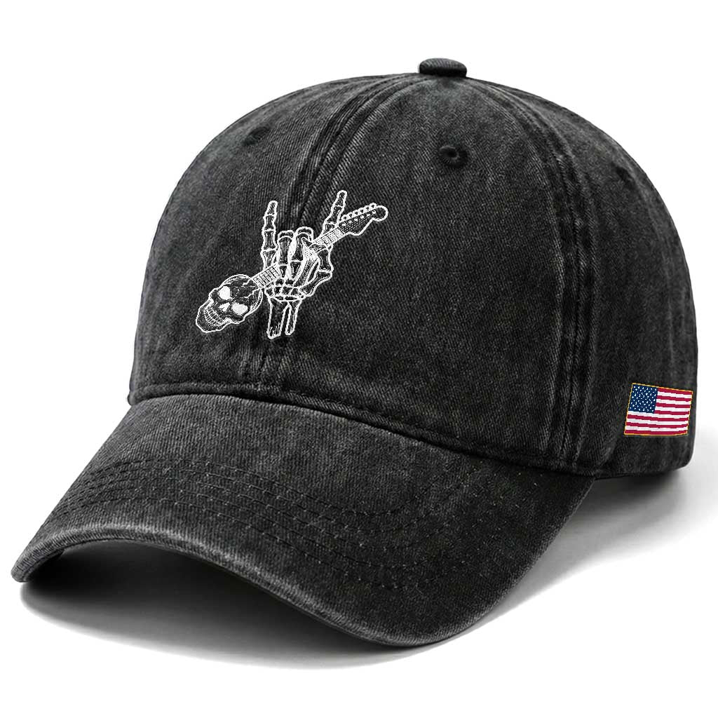 Rock N Roll Washed Cotton Baseball Cap Skeleton Hand Playing Guitar Heavy Metal Music TS12 Print Your Wear
