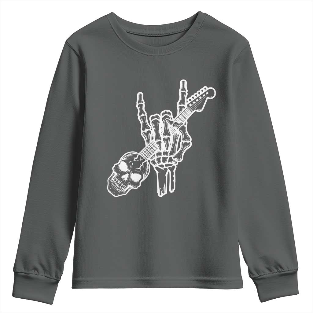 Rock N Roll Youth Sweatshirt Skeleton Hand Playing Guitar Heavy Metal Music TS12 Dark Heather Print Your Wear