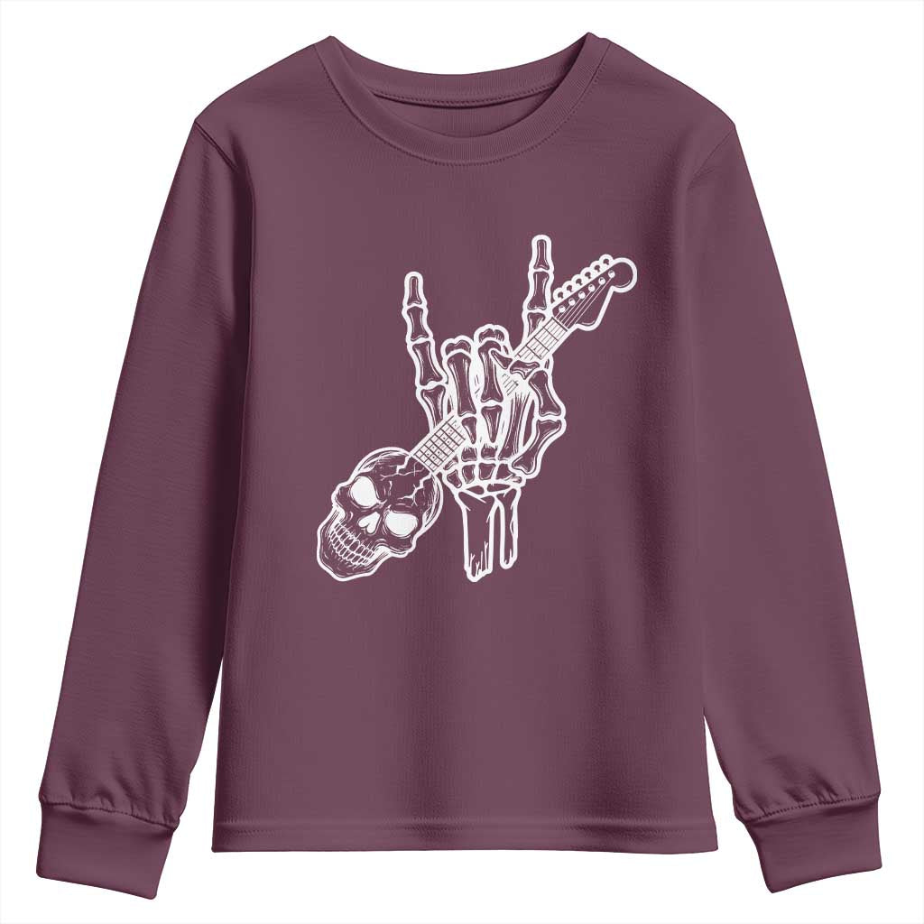 Rock N Roll Youth Sweatshirt Skeleton Hand Playing Guitar Heavy Metal Music TS12 Maroon Print Your Wear