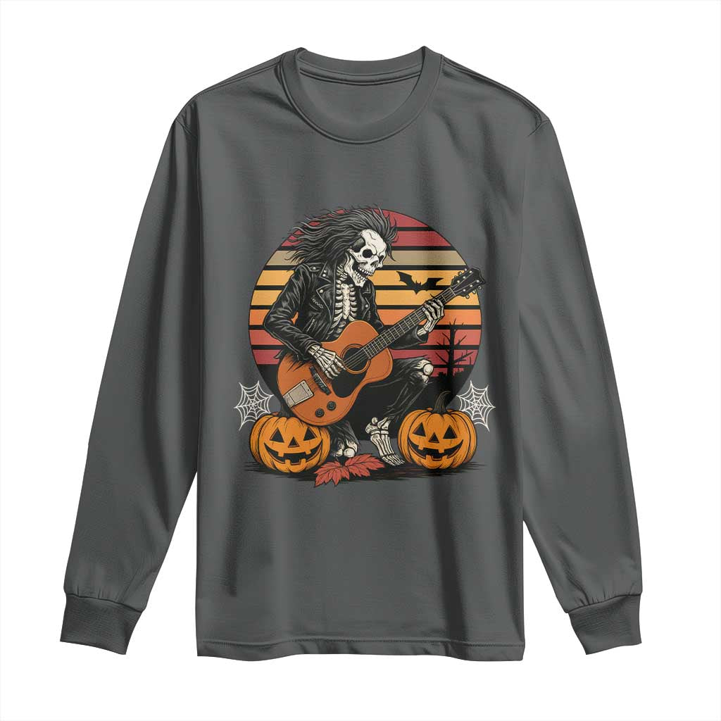 Halloween Rock Long Sleeve Shirt Skeleton Playing Guitar Rock And Roll TS12 Dark Heather Print Your Wear