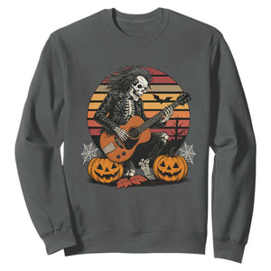 Halloween Rock Sweatshirt Skeleton Playing Guitar Rock And Roll TS12 Dark Heather Print Your Wear