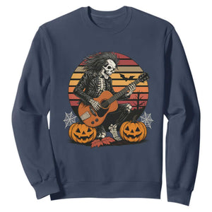 Halloween Rock Sweatshirt Skeleton Playing Guitar Rock And Roll TS12 Navy Print Your Wear