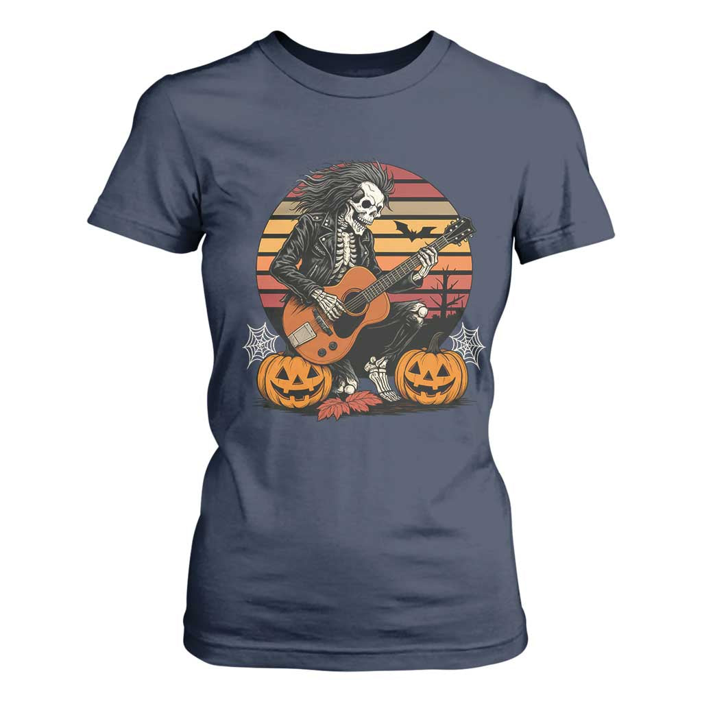 Halloween Rock T Shirt For Women Skeleton Playing Guitar Rock And Roll TS12 Navy Print Your Wear