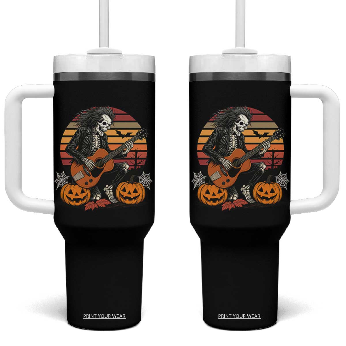 Halloween Rock Tumbler With Handle Skeleton Playing Guitar Rock And Roll TS12 One Size: 40 oz Black Print Your Wear