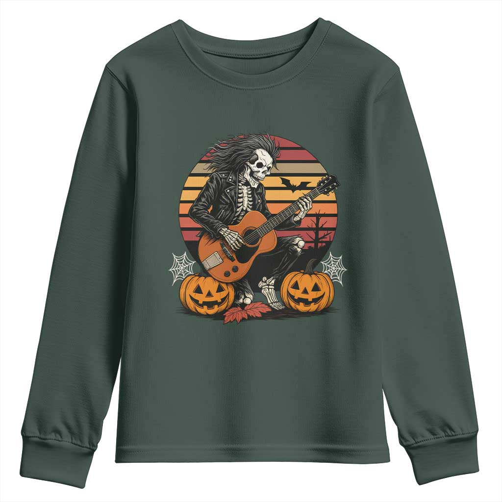 Halloween Rock Youth Sweatshirt Skeleton Playing Guitar Rock And Roll TS12 Dark Forest Green Print Your Wear
