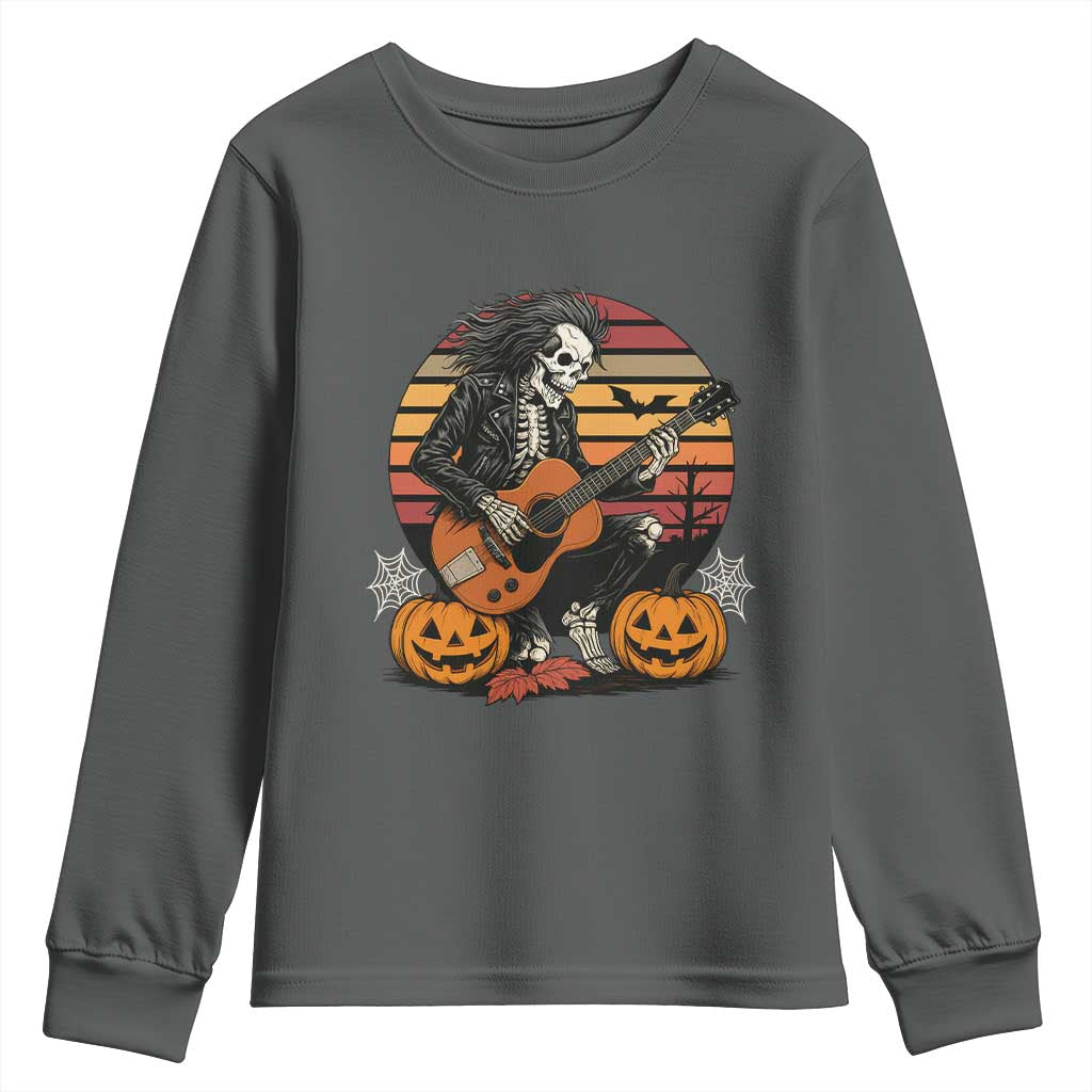 Halloween Rock Youth Sweatshirt Skeleton Playing Guitar Rock And Roll TS12 Dark Heather Print Your Wear