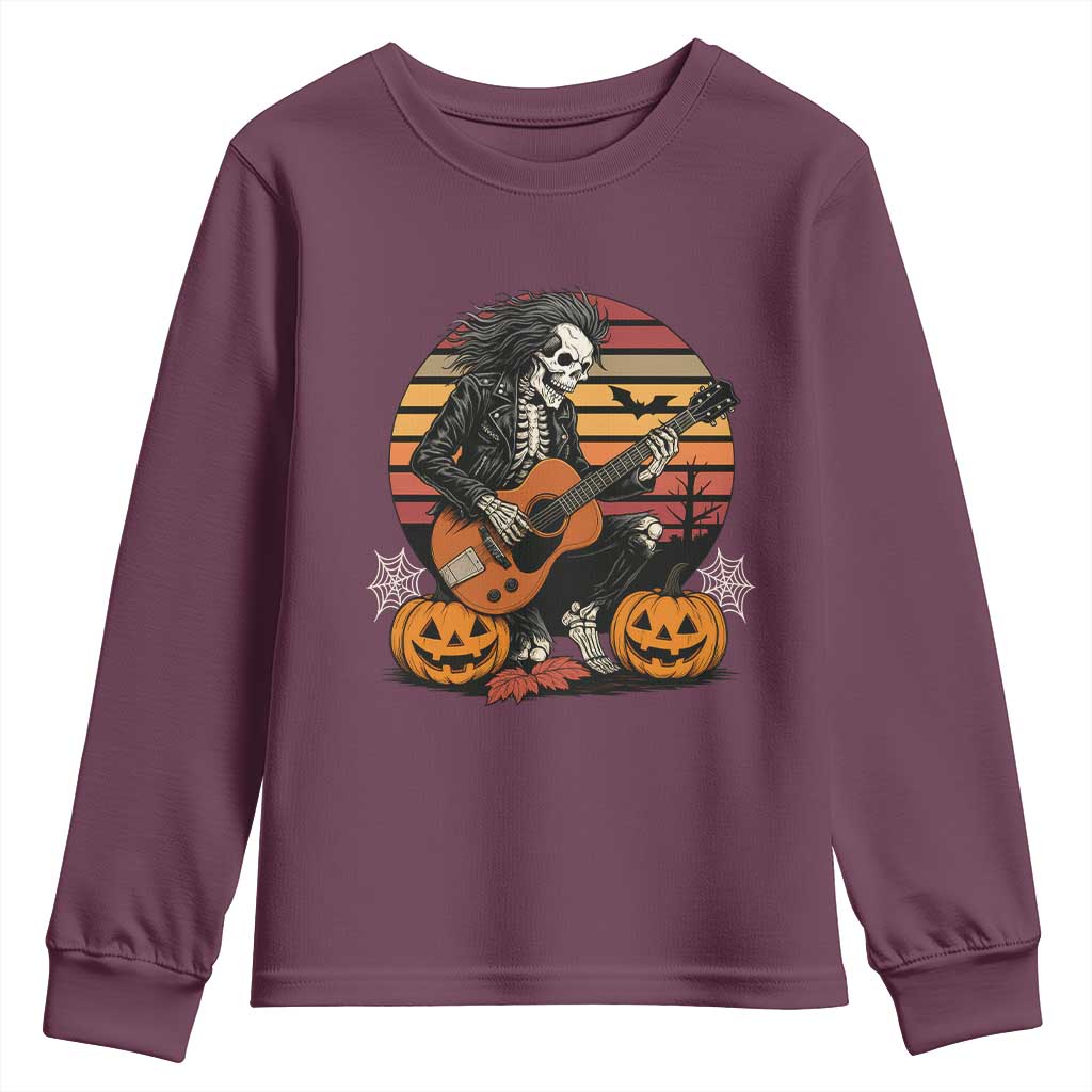 Halloween Rock Youth Sweatshirt Skeleton Playing Guitar Rock And Roll TS12 Maroon Print Your Wear