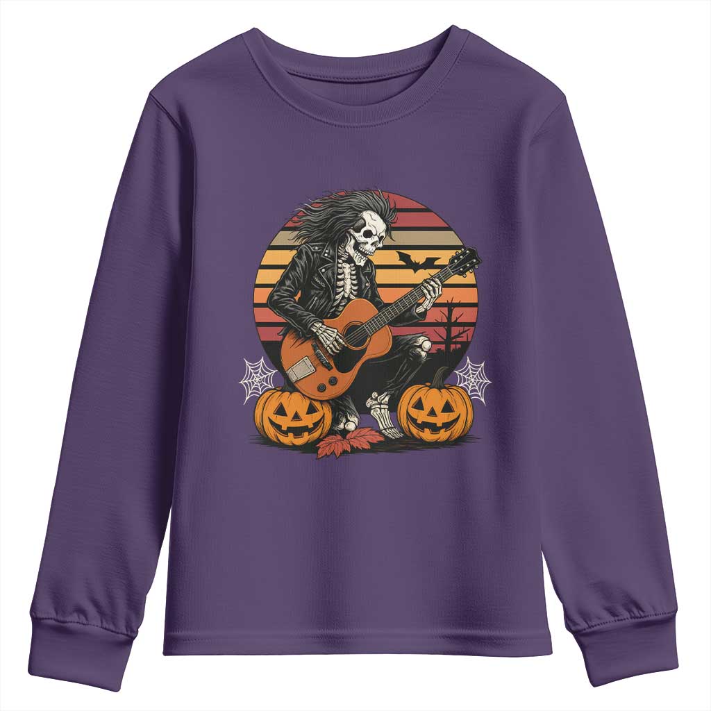 Halloween Rock Youth Sweatshirt Skeleton Playing Guitar Rock And Roll TS12 Purple Print Your Wear