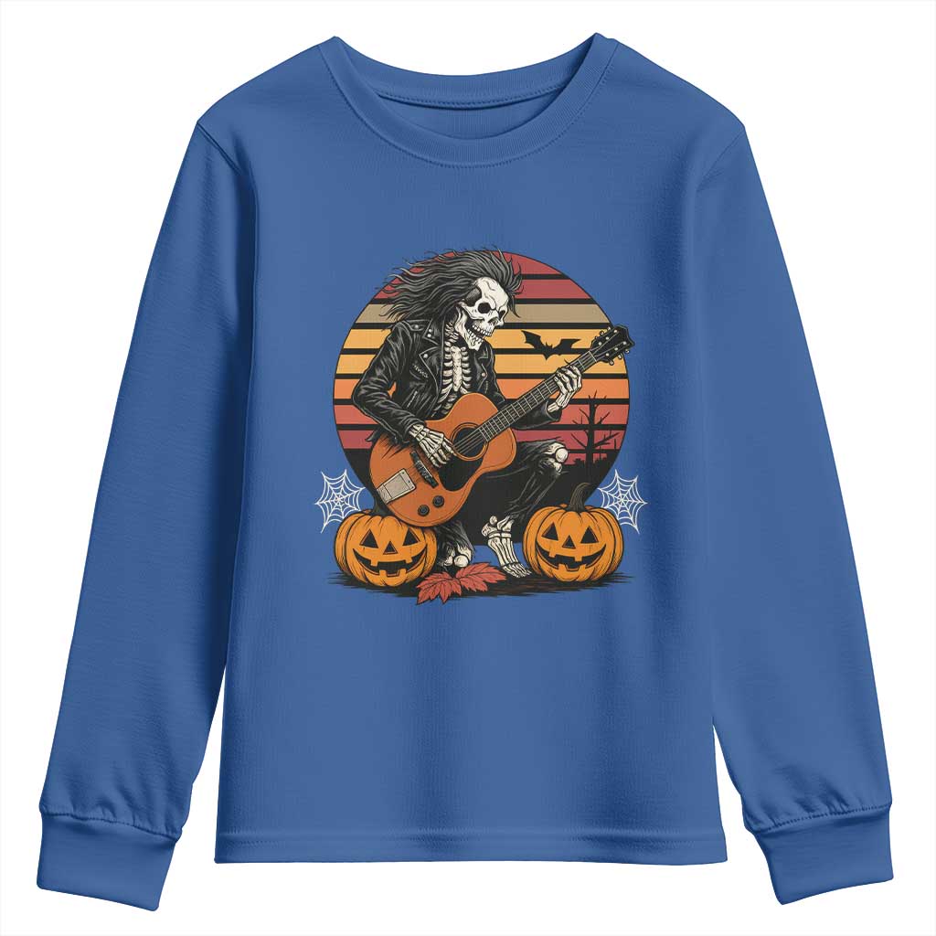 Halloween Rock Youth Sweatshirt Skeleton Playing Guitar Rock And Roll TS12 Royal Blue Print Your Wear