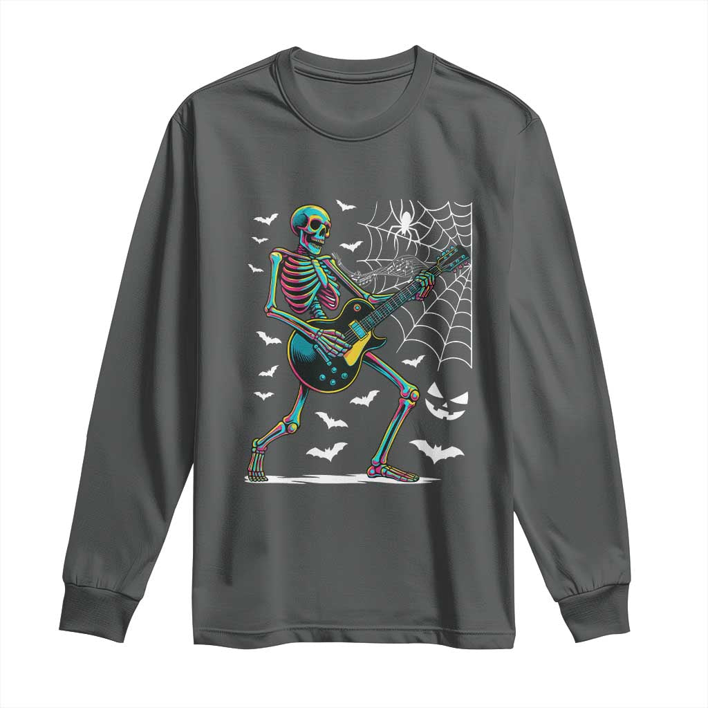 Halloween Rock And Roll Long Sleeve Shirt Skeleton Playing Guitar TS12 Dark Heather Print Your Wear