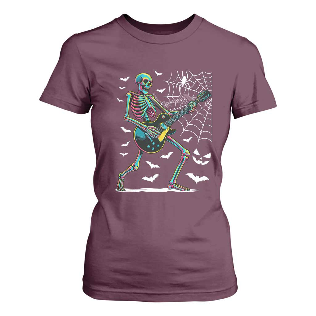 Halloween Rock And Roll T Shirt For Women Skeleton Playing Guitar TS12 Maroon Print Your Wear