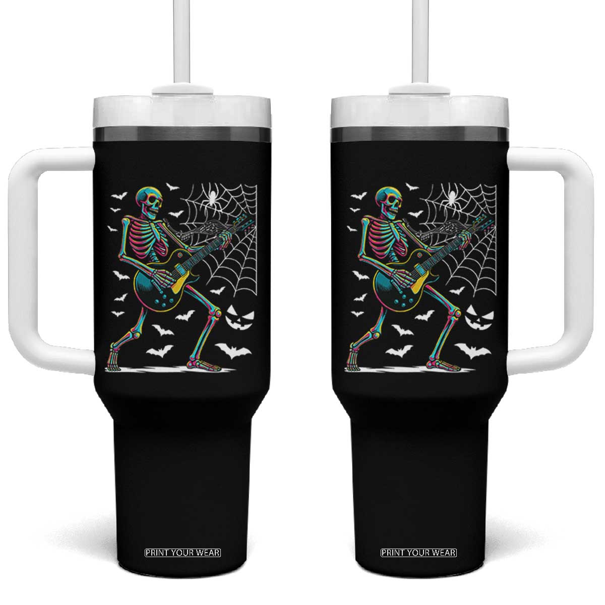 Halloween Rock And Roll Tumbler With Handle Skeleton Playing Guitar TS12 One Size: 40 oz Black Print Your Wear