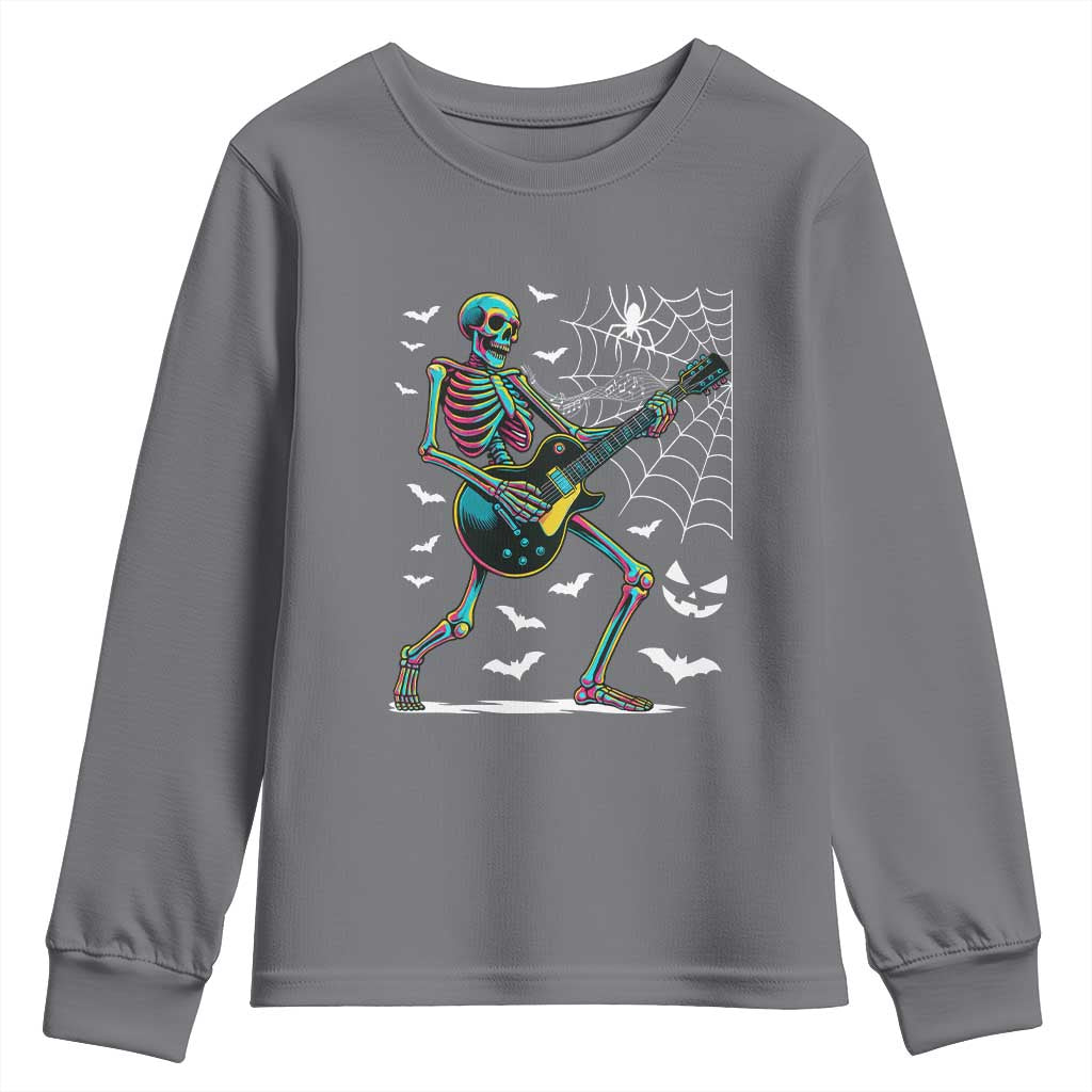 Halloween Rock And Roll Youth Sweatshirt Skeleton Playing Guitar TS12 Charcoal Print Your Wear