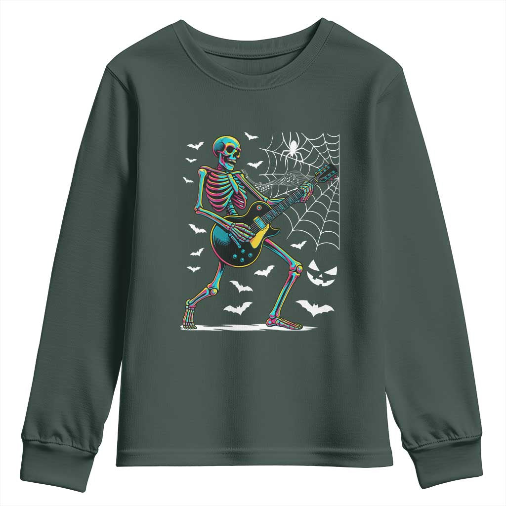 Halloween Rock And Roll Youth Sweatshirt Skeleton Playing Guitar TS12 Dark Forest Green Print Your Wear