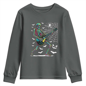 Halloween Rock And Roll Youth Sweatshirt Skeleton Playing Guitar TS12 Dark Heather Print Your Wear