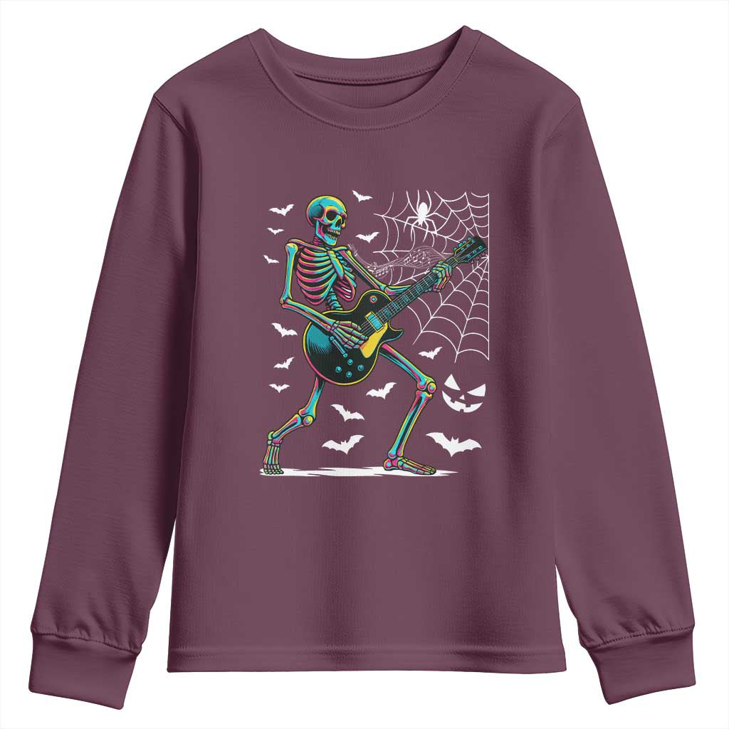 Halloween Rock And Roll Youth Sweatshirt Skeleton Playing Guitar TS12 Maroon Print Your Wear