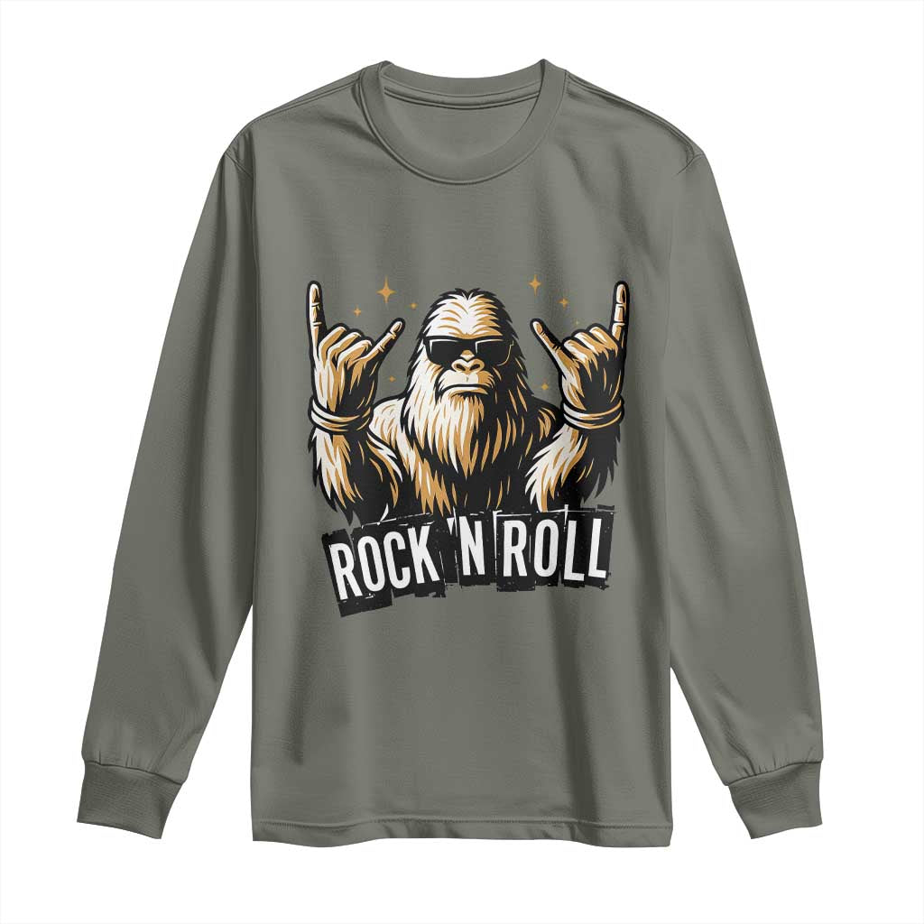 Funny Bigfoot Rock N Roll Long Sleeve Shirt Music Lover Sasquatch TS12 Military Green Print Your Wear