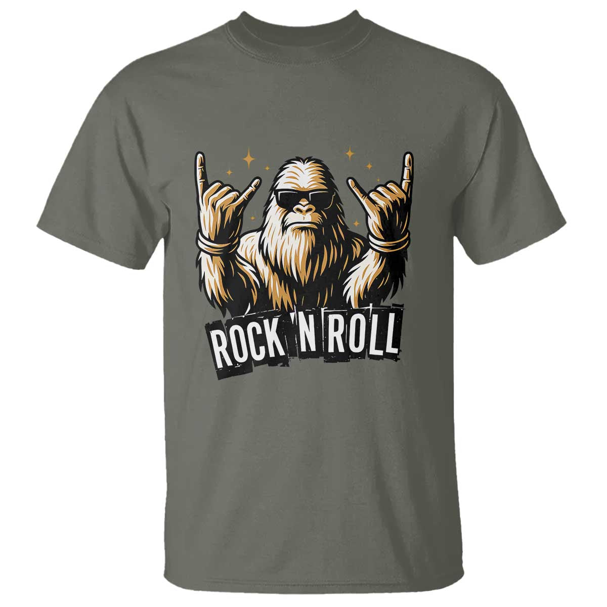 Funny Bigfoot Rock N Roll T Shirt Music Lover Sasquatch TS12 Military Green Print Your Wear
