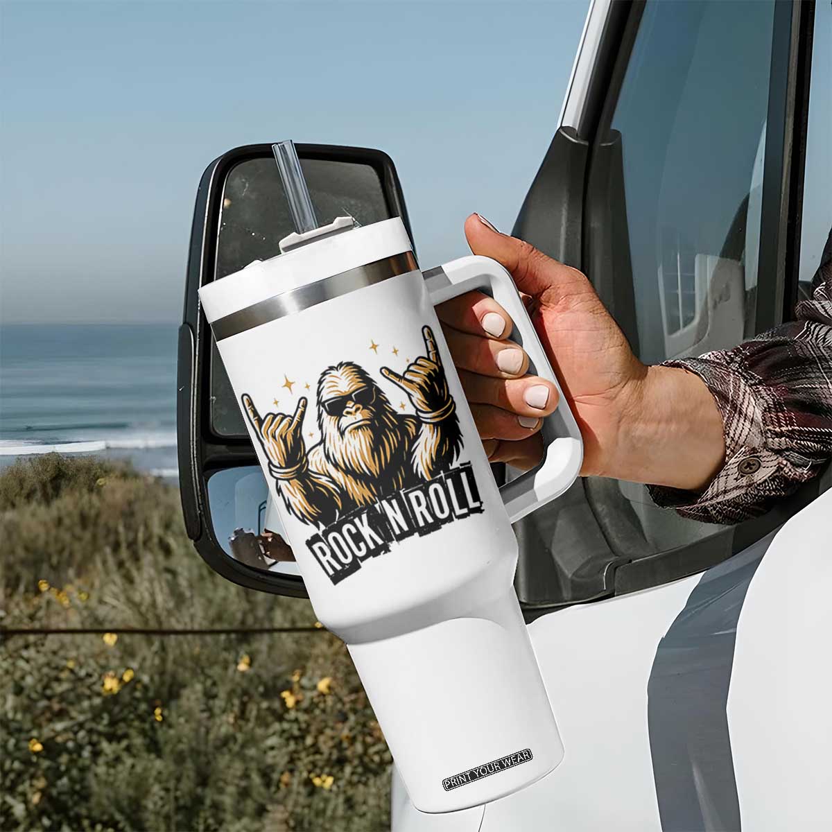 Funny Bigfoot Rock N Roll Tumbler With Handle Music Lover Sasquatch TS12 Print Your Wear