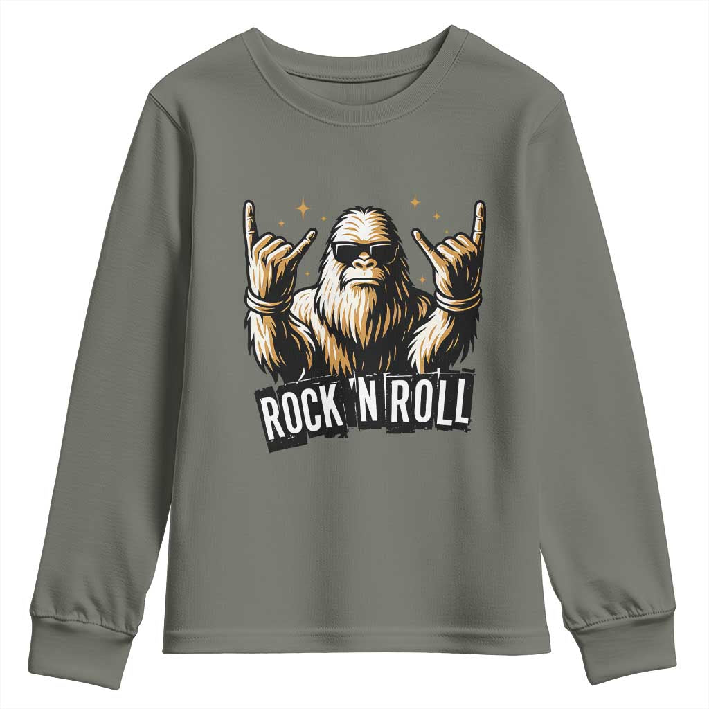 Funny Bigfoot Rock N Roll Youth Sweatshirt Music Lover Sasquatch TS12 Military Green Print Your Wear