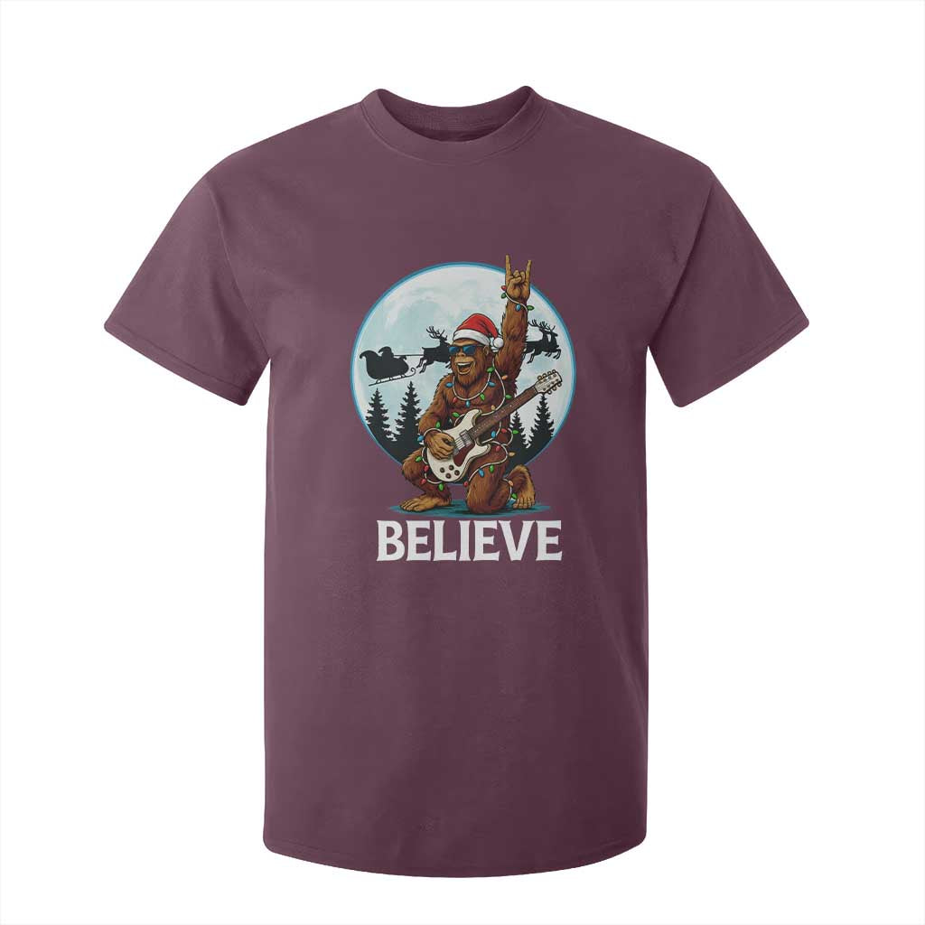 Christmas Bigfoot T Shirt For Kid Believe Funny Santa Rock N Roll TS12 Maroon Print Your Wear