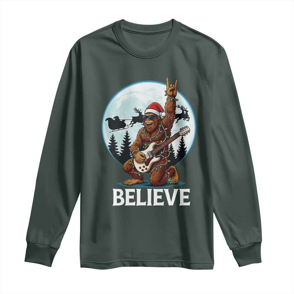 Christmas Bigfoot Long Sleeve Shirt Believe Funny Santa Rock N Roll TS12 Dark Forest Green Print Your Wear